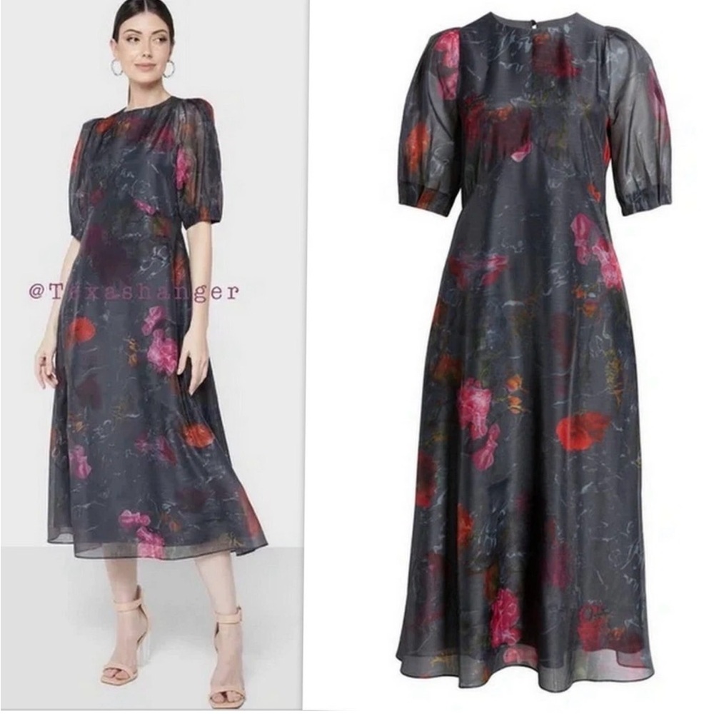 Ted Baker Mekayla Empire Line Floral Midi Length Puff Sleeve Dress Pockets - Picture 2 of 13
